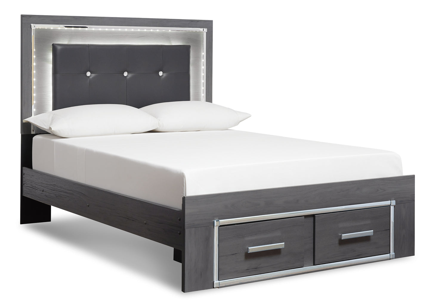 Lodanna Queen Panel Bed with 2 Storage Drawers with Mirrored Dresser and Chest