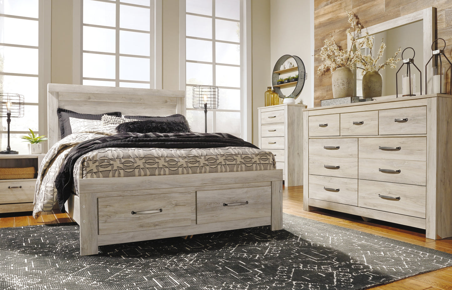 Bellaby Queen Panel Headboard with Mirrored Dresser, Chest and Nightstand