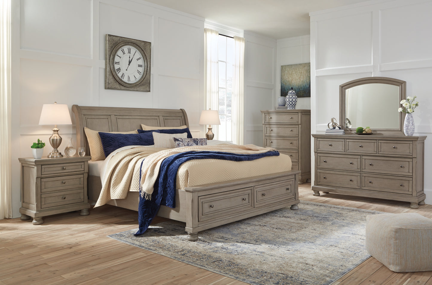 Lettner King Sleigh Bed with 2 Storage Drawers with Mirrored Dresser, Chest and Nightstand
