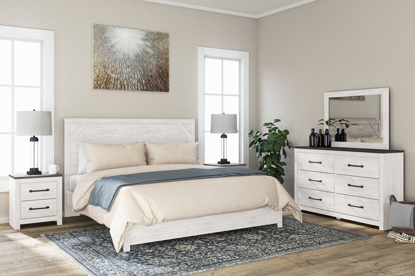 Gerridan King Panel Bed with Mirrored Dresser and 2 Nightstands